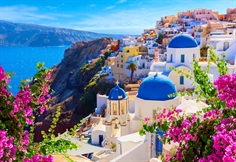 Santorini vy med blommor, Grekland